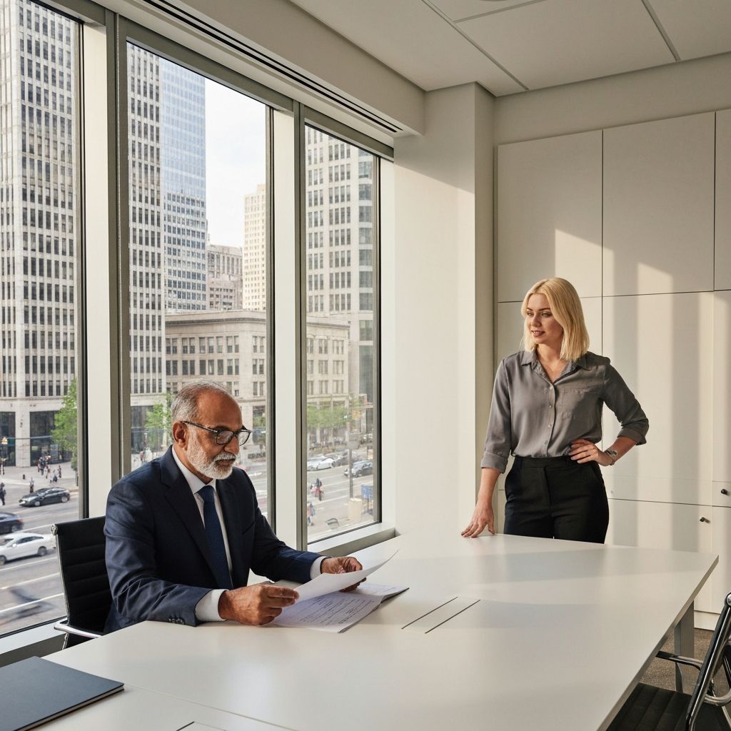 Professionals in conversation at a modern office